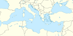 Mapa konturowa Morza Śródziemnego, blisko centrum na dole znajduje się punkt z opisem „Kościół „Ta'Ħamet”w Xewkiji”