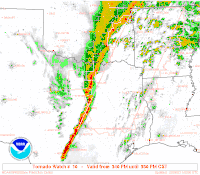 A map of Texas and adjoining states to NW titled 'Tornado Watch #10 – Valid from 340PM until 930 PM CST'. It shows thunderstorm intensity by colour. A narrow linear area of intense color ranges from SW of Hondo to Dallas. From Dallas to the N and NW the colors are less intense but much wider E-W. Splodges of localised color are scattered over the rest of the map.