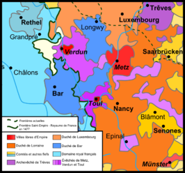 15e eeuw gebied van prinsbisdom Metz in violet