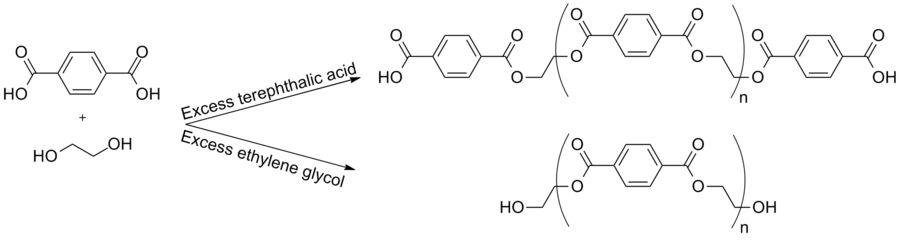 PET condensation polymerization from terephthalic and ethylene glycol, showing what occurs when each monomer is in excess