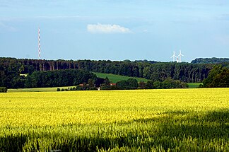 Landschaft in den Baumbergen: Blick ostnordostwärts zum Westerberg mit dem Sender Nottuln (links) und, zwischen zwei Windrädern hindurch, dem Longinusturm (rechts)