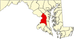 Mapa de Maryland con la ubicación del condado de Prince George's