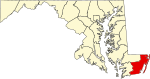 Mapa de Maryland con la ubicación del condado de Worcester