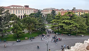 The garden of Piazza Bra seen from the Arena in Verona