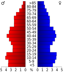 Schéma représentant la population du comté, par tranche d'âge. En rouge, à gauche, les femmes, en bleu à droite, les hommes.