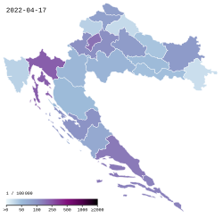 Mapa chorvatských žup podle počtu aktuálně nakažených nemocí covid-19 na sto tisíc obyvatel