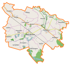 Mapa konturowa gminy Lewin Brzeski, na dole znajduje się punkt z opisem „Oldrzyszowice”