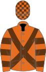 Orange, brown cross-belts, hooped sleeves, checked cap