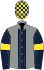 Grey, dark blue stripe, dark blue sleeves, yellow armlets, check cap