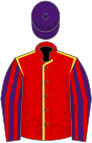 Red, yellow seams, purple and red striped sleeves, purple cap