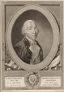 Portrait of Louis Philippe Joseph when Duke of Chartres (Peint par Robineau en 1784 - Gravé par Martin en 1785", title, sitter's date of birth, and dedication by Robineau Duke of Orléans)