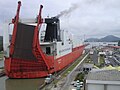 Image 4Roll-on/roll-offships, such as this one pictured here at Miraflores locks, are among the largest ships to pass through the Panama Canal. The canal cuts across the Isthmus of Panama and is a key conduit for international maritime trade. (from History of Latin America)