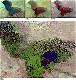 Imagen de satélite de 2001 del lago Chad. El lago se ha reducido en un 95 % desde 1960.[33]​[34]​