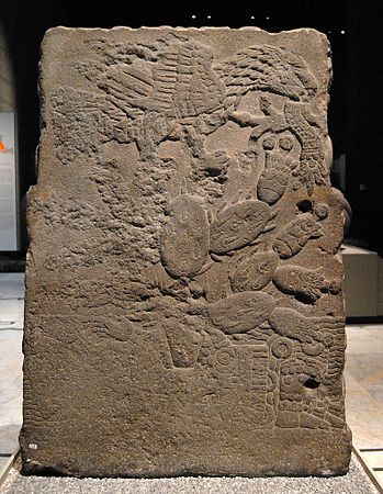 Mito de la fundación de Tenochtitlan en la escultura de piedra Teocalli de la guerra sagrada, vista posterior. Museo Nacional de Antropología, México.