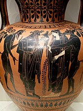 Ánfora de figuras negras donde aparecen Dioniso y Ariadna entre dos sátiros, en la Villa Getty de Malibú (hacia 510 a. C.)