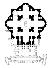 Michelangelo's design superimposed on the plan of the basilica as built