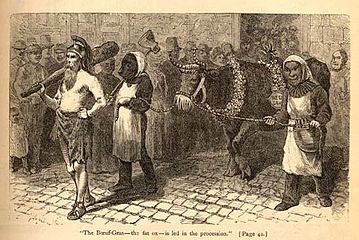 Le Bœuf Gras de la société Rex à la Nouvelle Orléans en 1873, en tête marche le sacrificateur inspiré par Paris[91]