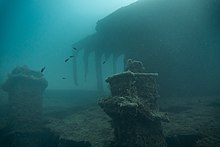 Underwater view of a section of the wrecked HMS Maori as it sits in a bay a few hundred metres off the shore in Valletta, Malta