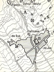 Harta zonei Pietroasa A) Locul descoperirii B) Castrul roman de la Pietroasa