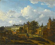 Jan van der Heyden (cityscape) and Adriaen van de Velde (figures). View of the former palace of the dukes of Burgundy in Brussels label QS:Len,"View of the former palace of the dukes of Burgundy in Brussels" label QS:Lpl,"Widok dawnego pałacu książąt Burgundii w Brukseli" label QS:Lnl,"Gezicht op het voormalige paleis van de hertogen van Bourgondië te Brussel" circa 1670-1672. oil on panel medium QS:P186,Q296955;P186,Q106857709,P518,Q861259 . 50 × 62.5 cm (19.6 × 24.6 in). Paris, Louvre Museum.