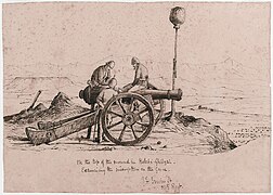 John Frederick Irwin - On top of the mound in the Kelat-i-Ghilzai. Examining the inscription on the gun', 1879 - NAM 1017137.jpg