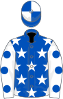 Royal blue, white stars, white sleeves, royal blue spots, royal blue and white quartered cap