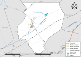 Carte en couleur présentant le réseau hydrographique de la commune