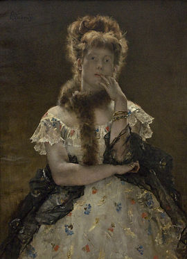 An extremely naturalistic portrait of a pretty young lady with a dreamy and mind-wandering expression, and a finger poised on her lip. Her head is supported by her left hand, and the latter's arm stands propped on her right arm, which circles her waist just below her breasts. There is a beautiful play of colors and light. The execution of the painting is remarkable, the girl's gaze mesmerizing.