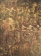 Del stenske poslikave v jami 17, prihod Sinhala. Princa Vidžaja vidimo v obeh skupinah slonov in jezdecev