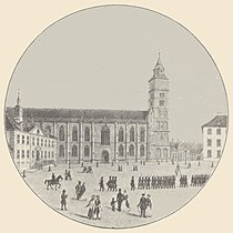 Dom von Norden um 1850, Pultdach über nördl. Seitenschiff und Querschiff (b. Turm u. Giebel des Waisenhauses)