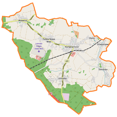 Mapa konturowa gminy Komprachcice, blisko centrum na prawo u góry znajduje się punkt z opisem „Komprachcice”