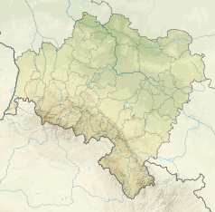 Mapa konturowa województwa dolnośląskiego, na dole znajduje się punkt z opisem „źródło”, natomiast na dole nieco na prawo znajduje się punkt z opisem „ujście”