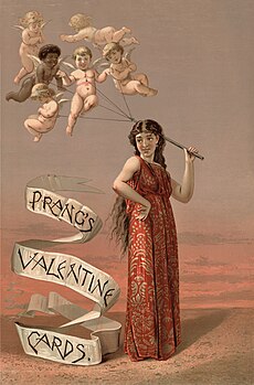 Publicité pour les cartes de la Saint-Valentin de la marque Prang, montrant une femme tenant un groupe de chérubins par des fils, comme s'il s'agissait de ballons. (définition réelle 2 814 × 4 265)