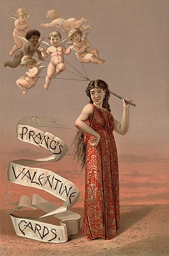 Реклама поздравительных открыток-валентинок, изготовленных литографической компанией из Бостона, 1883 год