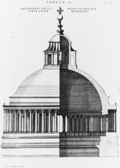 La cupola, su tamburo colonnato, progettata da Bramante