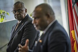 Secretary of Defense Lloyd Austin and Papua New Guinea Prime Minister James Marape at a press confefence in Port Moresby, Papua New Guinea on July 27, 2023 - 230727-D-TT977-0201.jpg