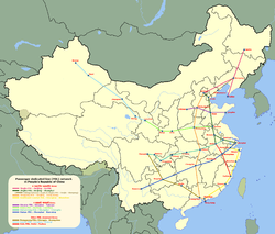 Kína 8 nagysebességű korridora. A Sanghaj–Vuhan–Chengdu NSV sötétkék színnel van jelölve.