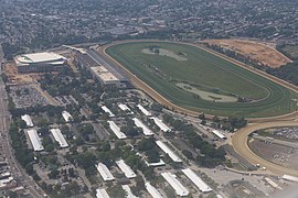 Aerial view of Belmont Park and UBS Arena in 2021