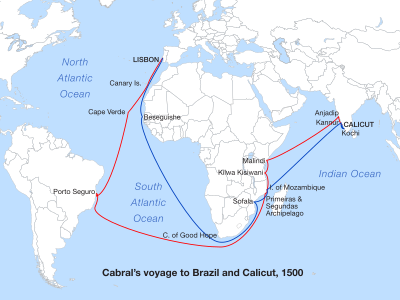 Sebuah peta yang menunjukkan Samudra Atlantik selatan dan Samudra Hindia barat dengan dua rute yang menelusuri sekeliling ujung selatan Afrika