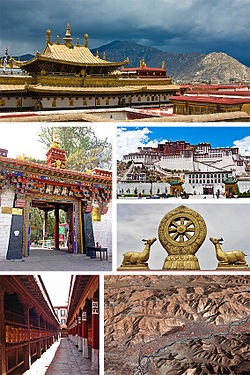 Od zgoraj levo: streha templja Jokang; glavna vrata samostana Norbulingka; Palača Potala; kolo darme in molitvena kolesa (spodaj), Jokang; satelitska slika Lase