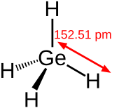 Skeletal chemical structure of a tetrahedral molecule with germanium atom in its center bonded to four hydrogen atoms. The Ge-H distance is 152.51 picometers.