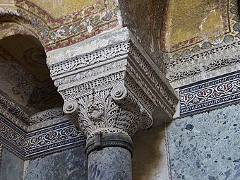 Byzantine Ionic capital in the Hagia Sophia, Istanbul, Turkey, by Anthemius of Tralles or Isidore of Miletus, 6th century[4]