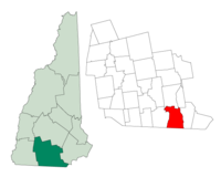 Разположение на Нашуа в окръг Хилсбъроу вдясно, и съответното разположение на окръга на картата на щата Ню Хампшър вляво