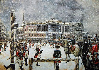 Military Parade of Emperor Paul in front of Mikhaylovsky Castle, 1907