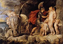 彼得·保罗·鲁本斯的《柏修斯释放安朵美达（英语：Perseus Freeing Andromeda (Rubens)）》，100 × 138.5cm，约作于1619-1620年，来自普鲁士的王室收藏[56]