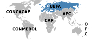 UEFA мүше қауымдастықтары көкпен көрсетілген