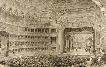 Eröffnungsvorstellung im neuen Haus der Wiener Hofoper mit „Don Giovanni“, Innenansicht mit Blick auf die Bühne, 25. Mai 1869