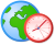 Graphic of a globe with a red analog clock