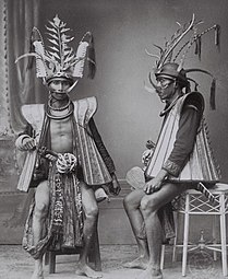 Two men in war attire, South Nias