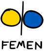 Le logo montre la lettre ф (initiale de Femen en ukrainien) avec les couleurs du drapeau ukrainien, tout en figurant des seins nus.